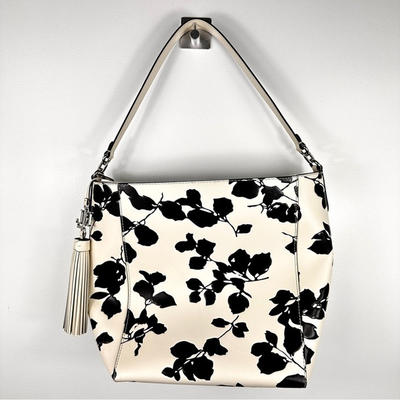 Lauren Ralph Lauren Adley Leather Shoulder Bag Floral White with Black Embossed - Picture 4 of 9